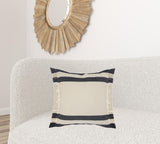 20" X 20" Juniper Green Dark Green White And Linen 100% Cotton Striped Zippered Pillow