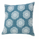 20" X 20" Lagoon Blue And White 100% Cotton Floral Zippered Pillow