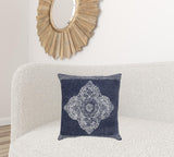 20" X 20" Dark Blue And White 100% Cotton Floral Zippered Pillow