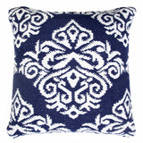 20" X 20" Blue And White 100% Cotton Damask Zippered Pillow