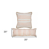 20" X 20" Coral Pink White And Tan 100% Cotton Striped Zippered Pillow