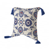 18" X 18" Blue And Cream 100% Cotton Floral Zippered Pillow