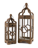 Set of Two Brown Solid Wood Ornate Tabletop Lantern Candle Holders