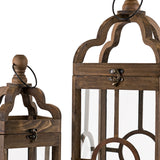 Set of Two Brown Solid Wood Ornate Tabletop Lantern Candle Holders