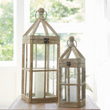 Set of Two Brown Solid Wood Ornate Tabletop Lantern Candle Holders