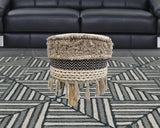 16" Beige And Black Cotton And Natural Round Chevron Ottoman