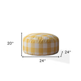 24" Yellow And White Canvas Round Gingham Pouf Cover