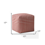 17" Red And White Cotton Gingham Pouf Cover