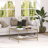 32" Gold Glass And Steel Square Coffee Table With Shelf