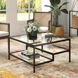 32" Black Glass And Steel Square Coffee Table With Two Shelves