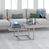 43" Silver Glass And Steel Square Coffee Table With Two Shelves