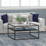 32" Black Glass And Steel Square Coffee Table With Shelf