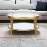 32" Gold Glass And Steel Round Coffee Table With Shelf