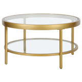 32" Gold Glass And Steel Round Coffee Table With Shelf