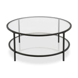 36" Black Glass And Steel Round Coffee Table With Shelf