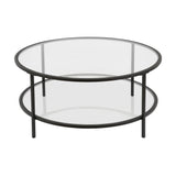 36" Black Glass And Steel Round Coffee Table With Shelf