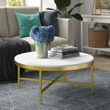 36" White And Gold Faux Marble And Steel Round Coffee Table