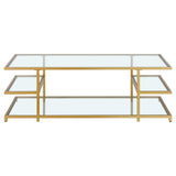 54" Gold Glass And Steel Coffee Table With Three Shelves