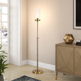 66" Nickel Torchiere Floor Lamp With White Frosted Glass Drum Shade