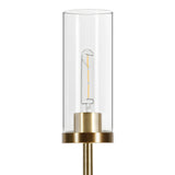 69" Brass Two Light Torchiere Floor Lamp With Clear Transparent Glass Drum Shade