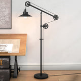 61" Brass Adjustable Swing Arm Floor Lamp With Gold Cone Shade