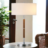 25" Silver and Oak Two Light Table Lamp With White Drum Shade