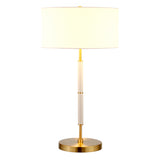 25" Gold and White Metal Two Light Table Lamp With White Drum Shade