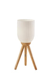 23" Brown Solid Wood Tripod Table Lamp With White Ribbed Dome Shade