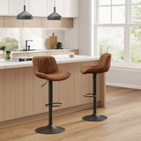 Set of Two 31" Brown And Black Faux Leather And Steel Swivel Low Back Adjustable Height Bar Chairs