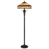 61" Bronze Two Light Traditional Shaped Floor Lamp With Purple and Ivory Abstract Tiffany Glass Empire Shade