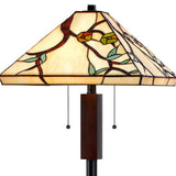 60" Bronze Two Light Traditional Shaped Floor Lamp With Green and Ivory Floral Tiffany Glass Square Shade