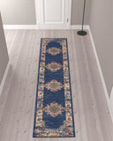 10' Blue and Ivory Oriental Power Loom Distressed Runner Rug