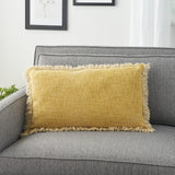 24" X 14" Yellow Linen Cotton Zippered Pillow With Fringe