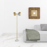 58" Gold and White Two Light Floor Lamp With Brass Bell Shades