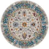 7' Blue and Orange Round Floral Power Loom Area Rug