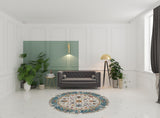7' Blue and Orange Round Floral Power Loom Area Rug