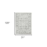 10' Light Gray Floral Power Loom Runner Rug With Fringe