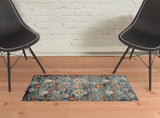 2' x 3' Teal Blue Oriental Power Loom Area Rug With Fringe