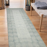 8' Blue Geometric Flatweave Handmade Distressed Runner Rug With Fringe