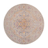 6' Yellow and Ivory Round Oriental Power Loom Distressed Area Rug