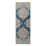 7' Teal Blue Medallion Power Loom Runner Rug With Fringe