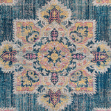 7' Teal Blue Medallion Power Loom Runner Rug With Fringe