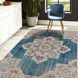 7' Teal Blue Medallion Power Loom Runner Rug With Fringe