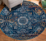 6' Blue and Yellow Round Southwestern Power Loom Area Rug