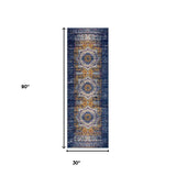 6' Blue and Orange Medallion Power Loom Runner Rug