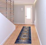 7' Blue and Orange Medallion Power Loom Runner Rug