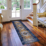 7' Blue and Orange Medallion Power Loom Runner Rug