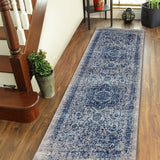 7' Blue and Beige Oriental Power Loom Runner Rug