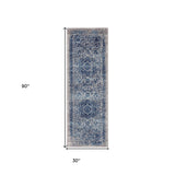 7' Blue and Beige Oriental Power Loom Runner Rug