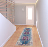 7' Blue and Pink Medallion Power Loom Runner Rug